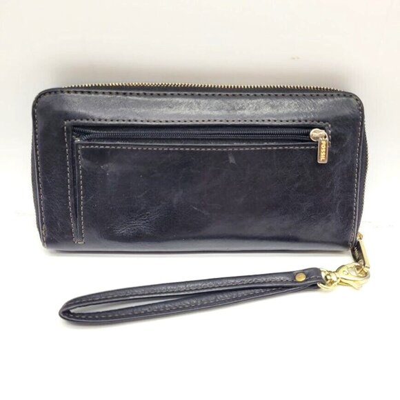 Fossil Sydney Blk Leather Zip Around Wallet Wristlet Clutch Green Interior Chic - Picture 3 of 7
